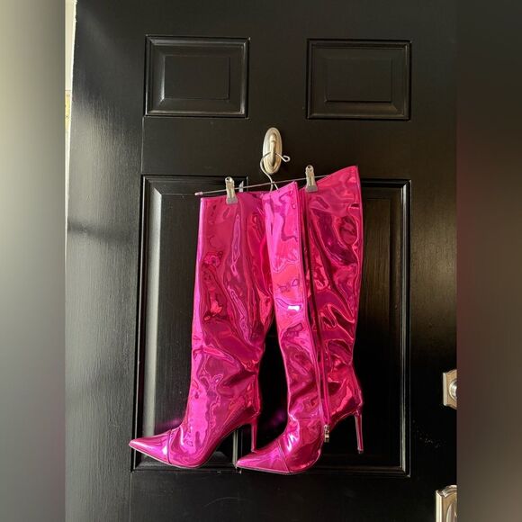 Metallic Pink Patent Leather Tall Stiletto Boots Size 9.5 - Picture 11 of 14